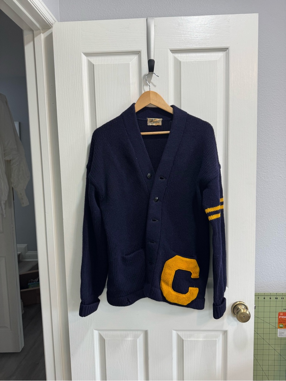 Vintage UC Berkeley Cal Wool Navy Letterman Cardigan Sweater with Gold 'C'